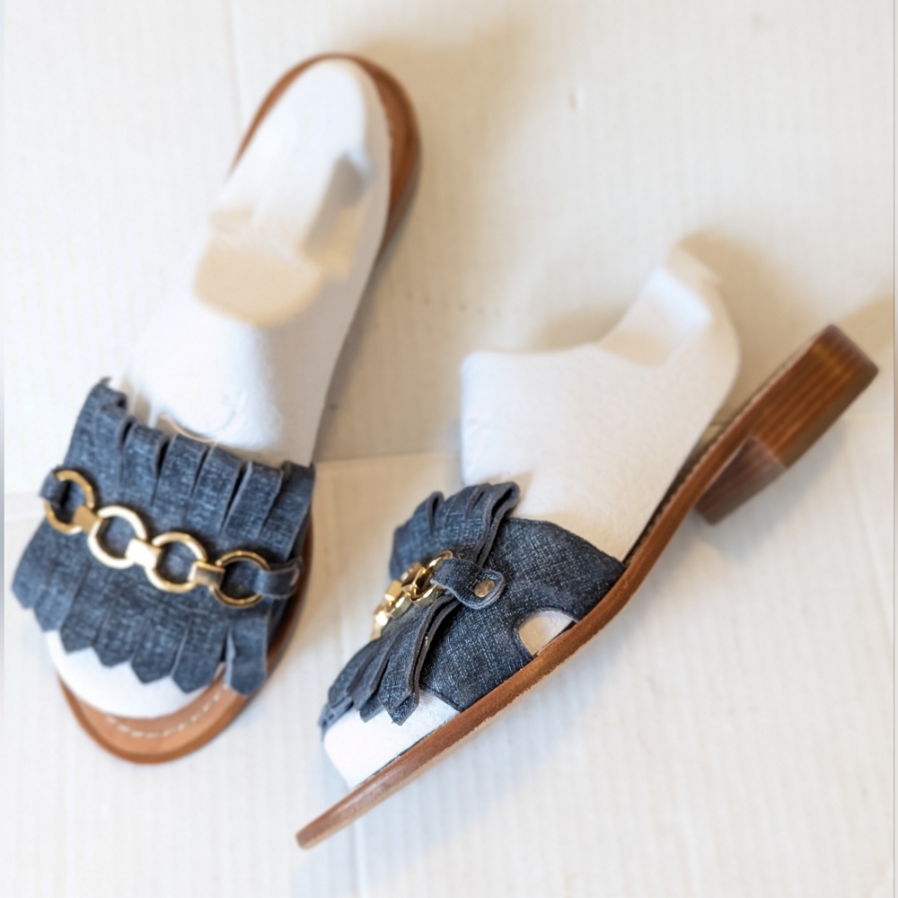 kate spade Denim Blue Fringe Slide Sandals with Gold Chain - Picture 11 of 14